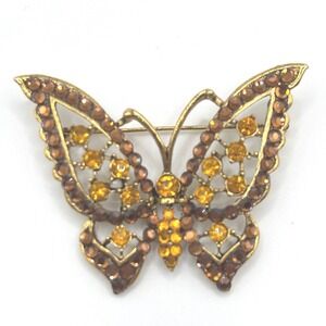 Vintage Butterfly Brooch Antiqued Gold Tone Amber Brown Rhinestone Insect Pin